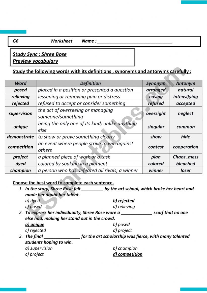 Shree Bose Vocabulary  worksheet