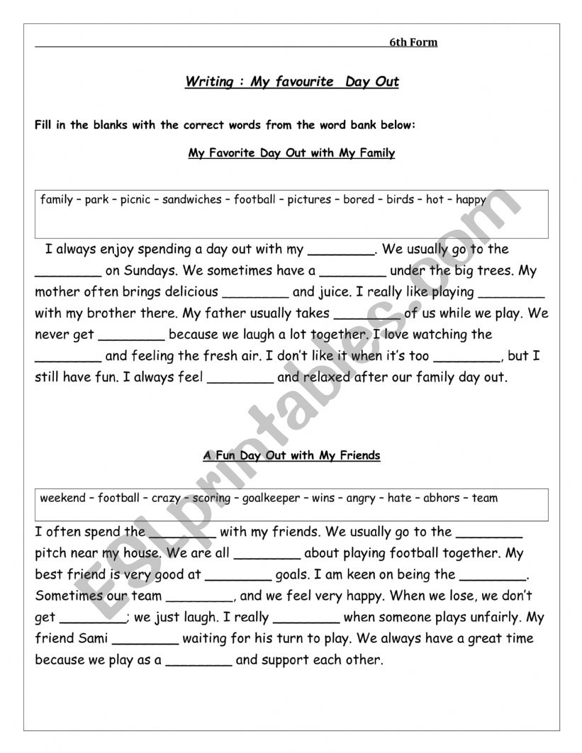 day out (6th form) worksheet