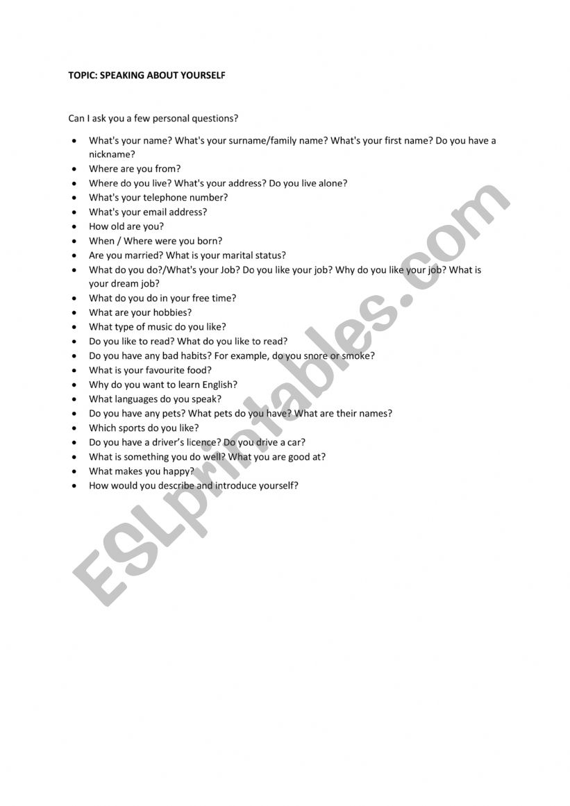 Speaking about yourself worksheet