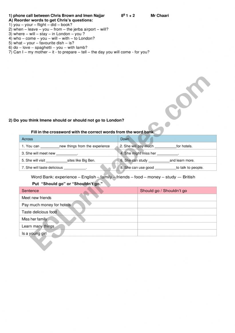 Preparing for the trip  worksheet