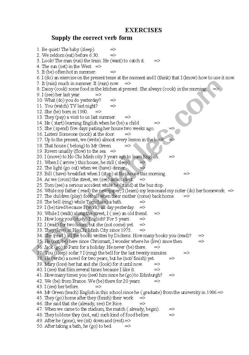 exercise of tenses worksheet