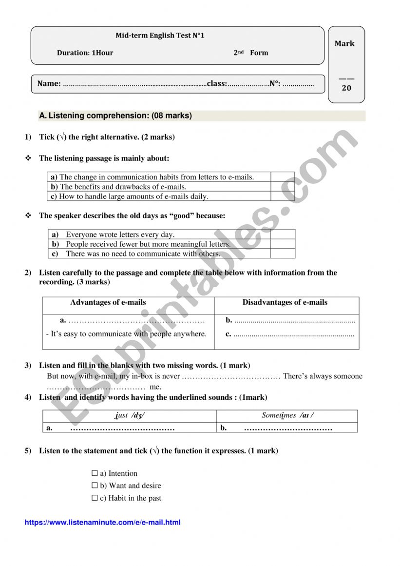 2nd form Mid-term English Test N1