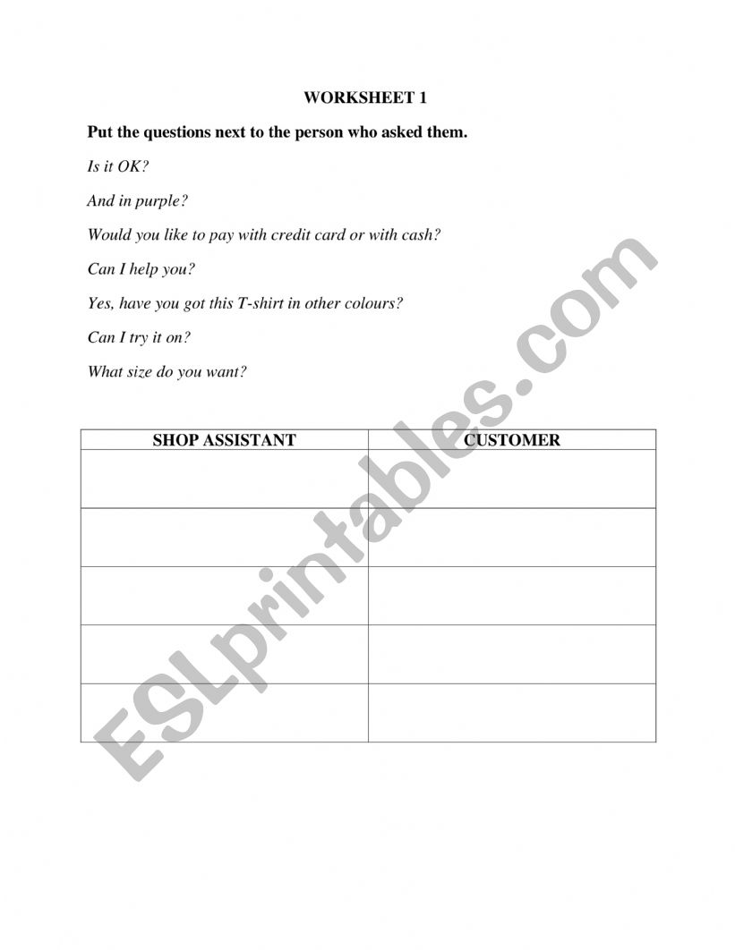 Shopping dialogue worksheet