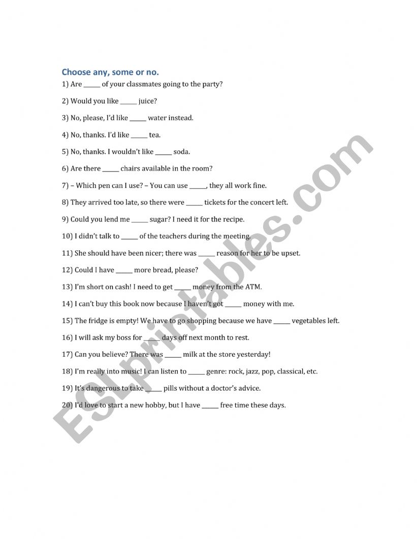 some any no worksheet
