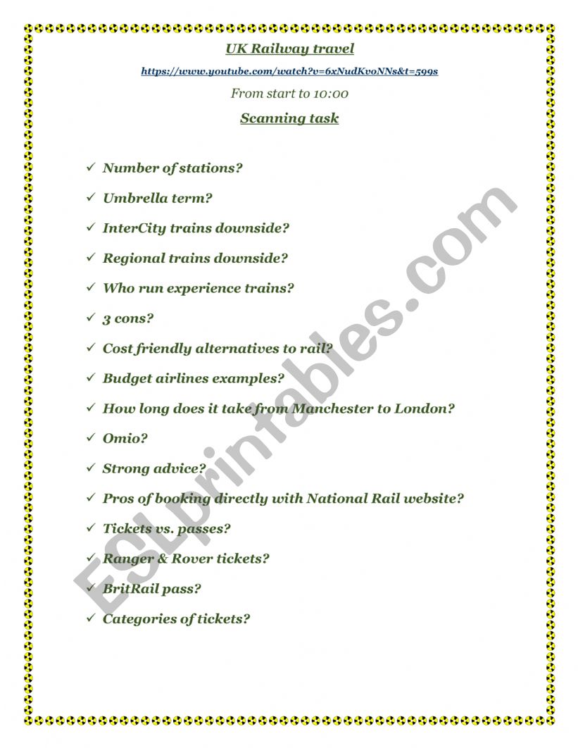 Railway travelling worksheet
