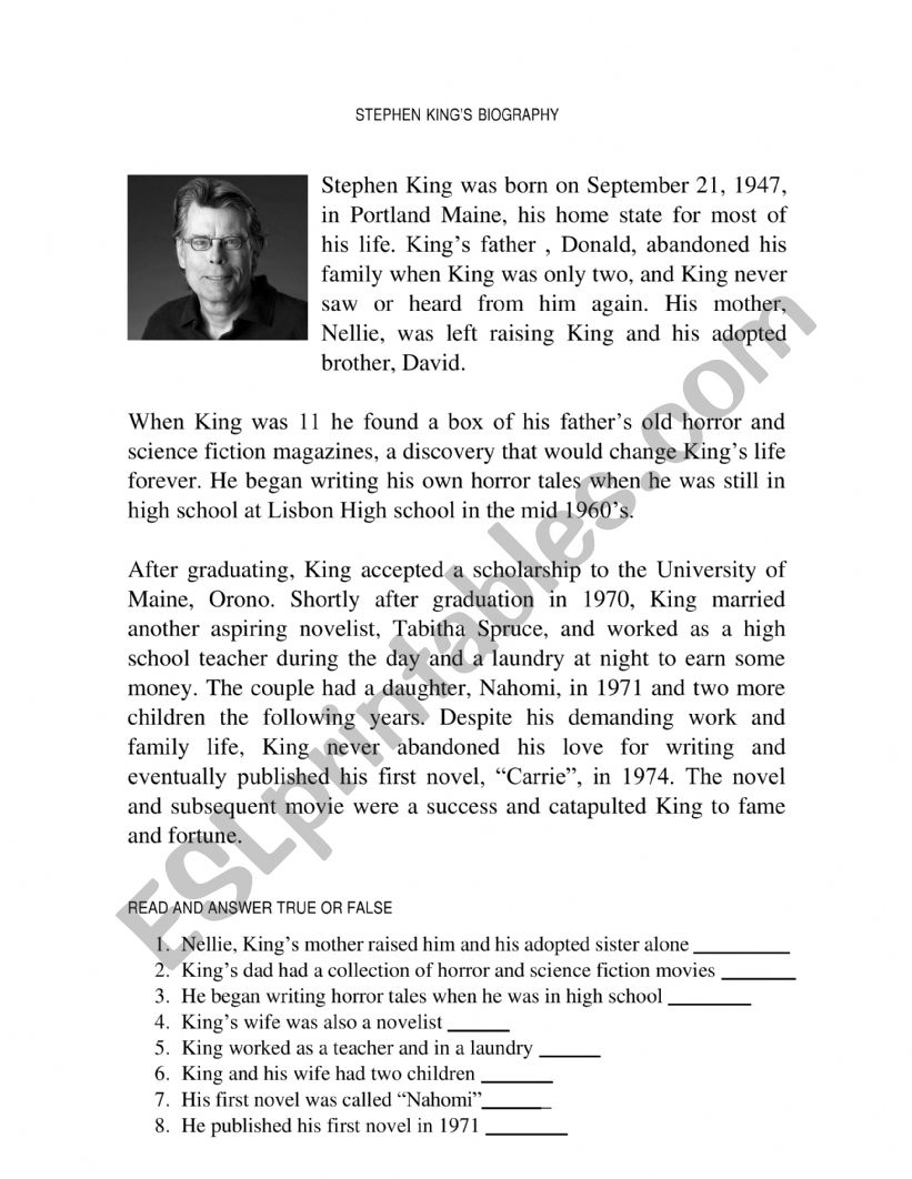 STEPHEN KING�S BIO worksheet
