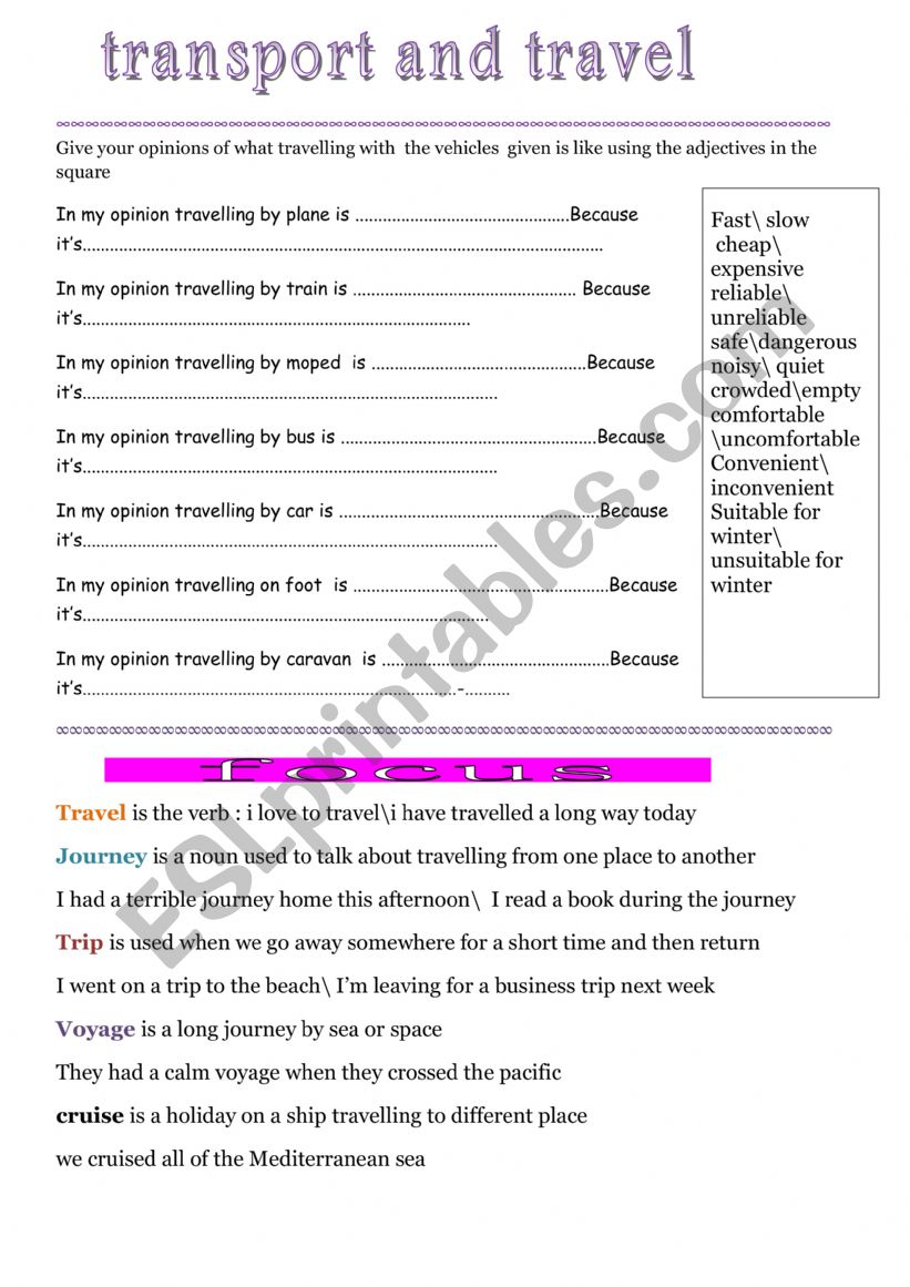  transport and travel  worksheet