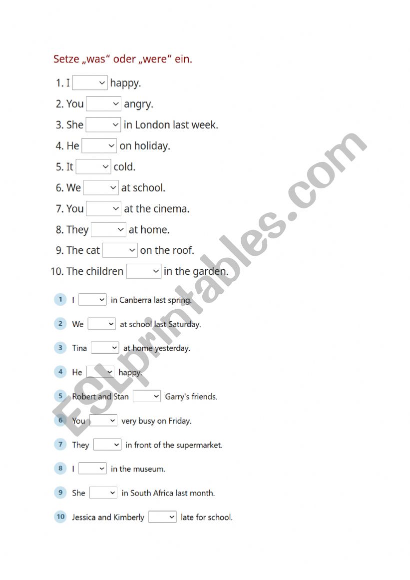 was or were worksheet