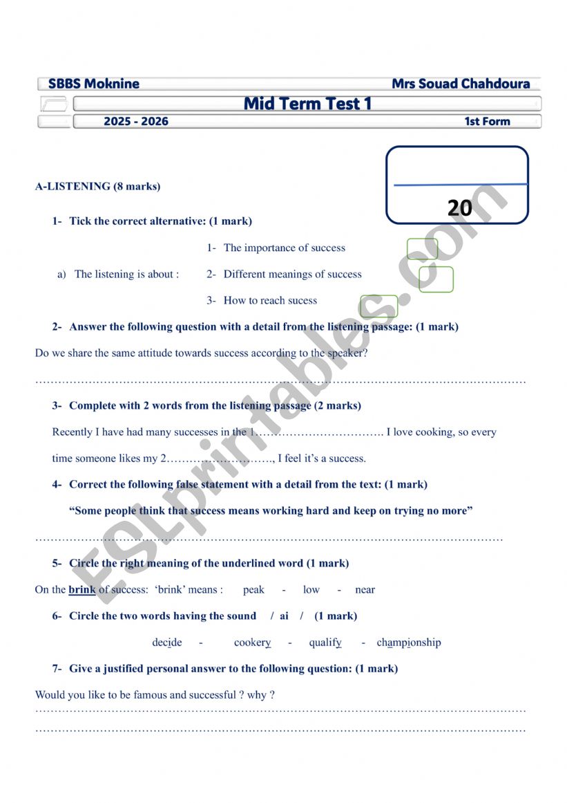 Mid term 1 test 1st form secondary education