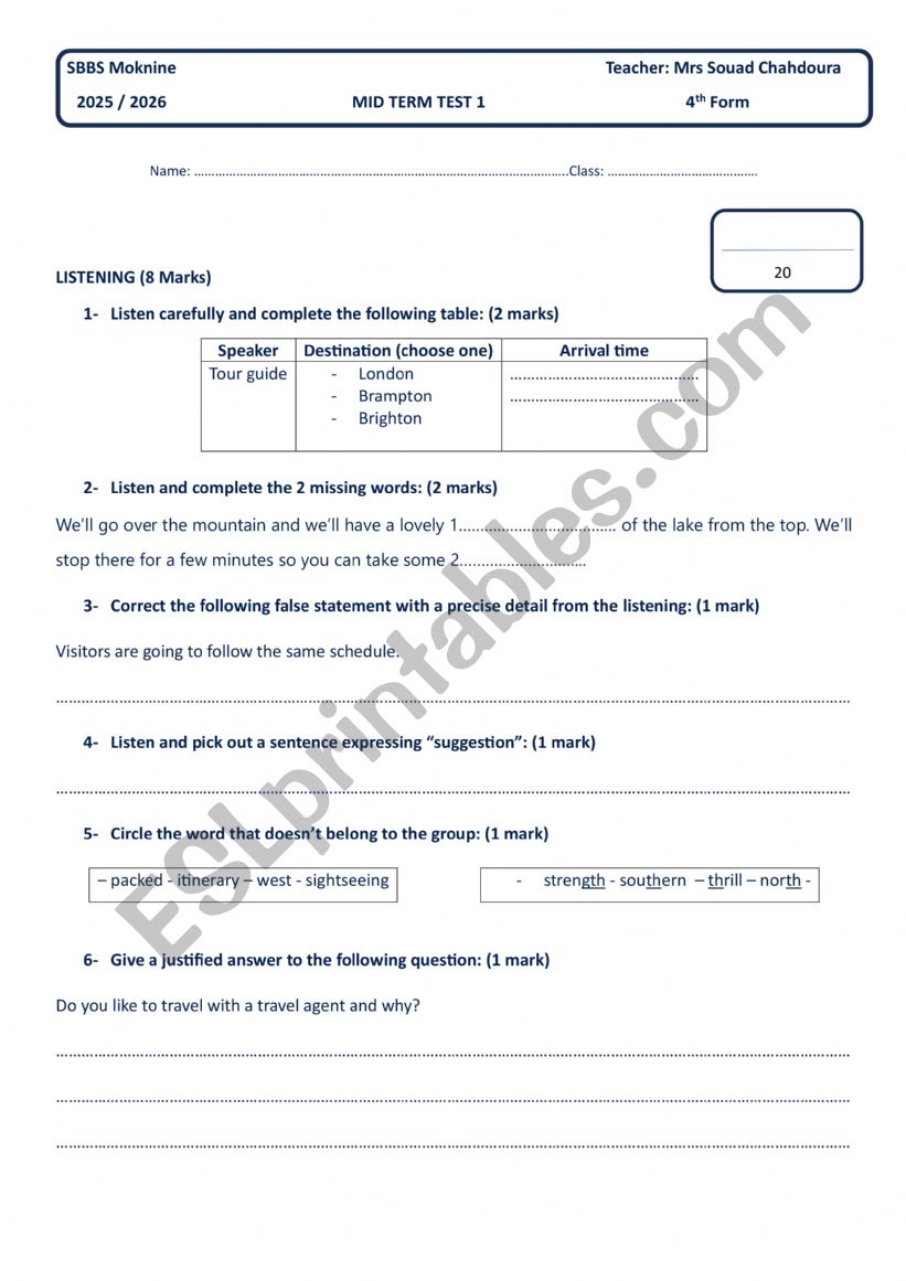 mid term 1 test 4th form worksheet