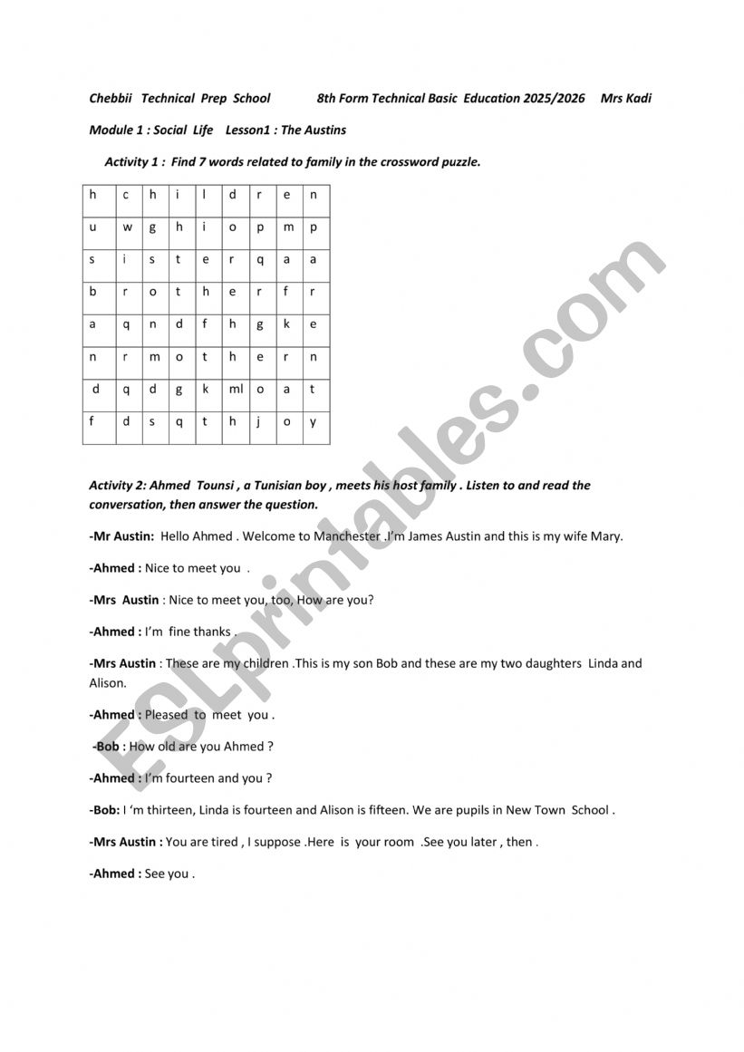 The Austins worksheet