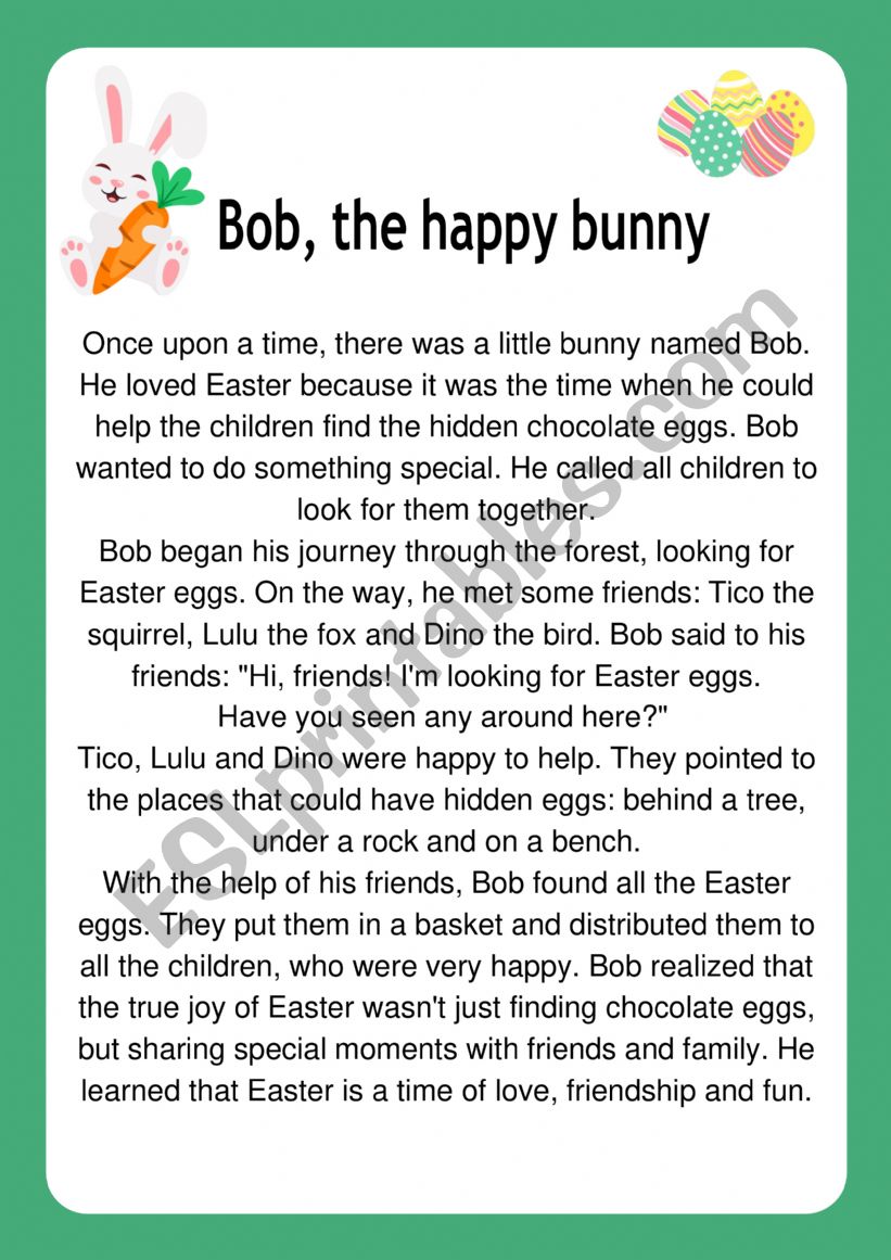 Easter Story Bob the happy bunny ESL worksheet by acarolinasantosf Easter Story Bob the happy bunny ESL worksheet by acarolinasantosf
