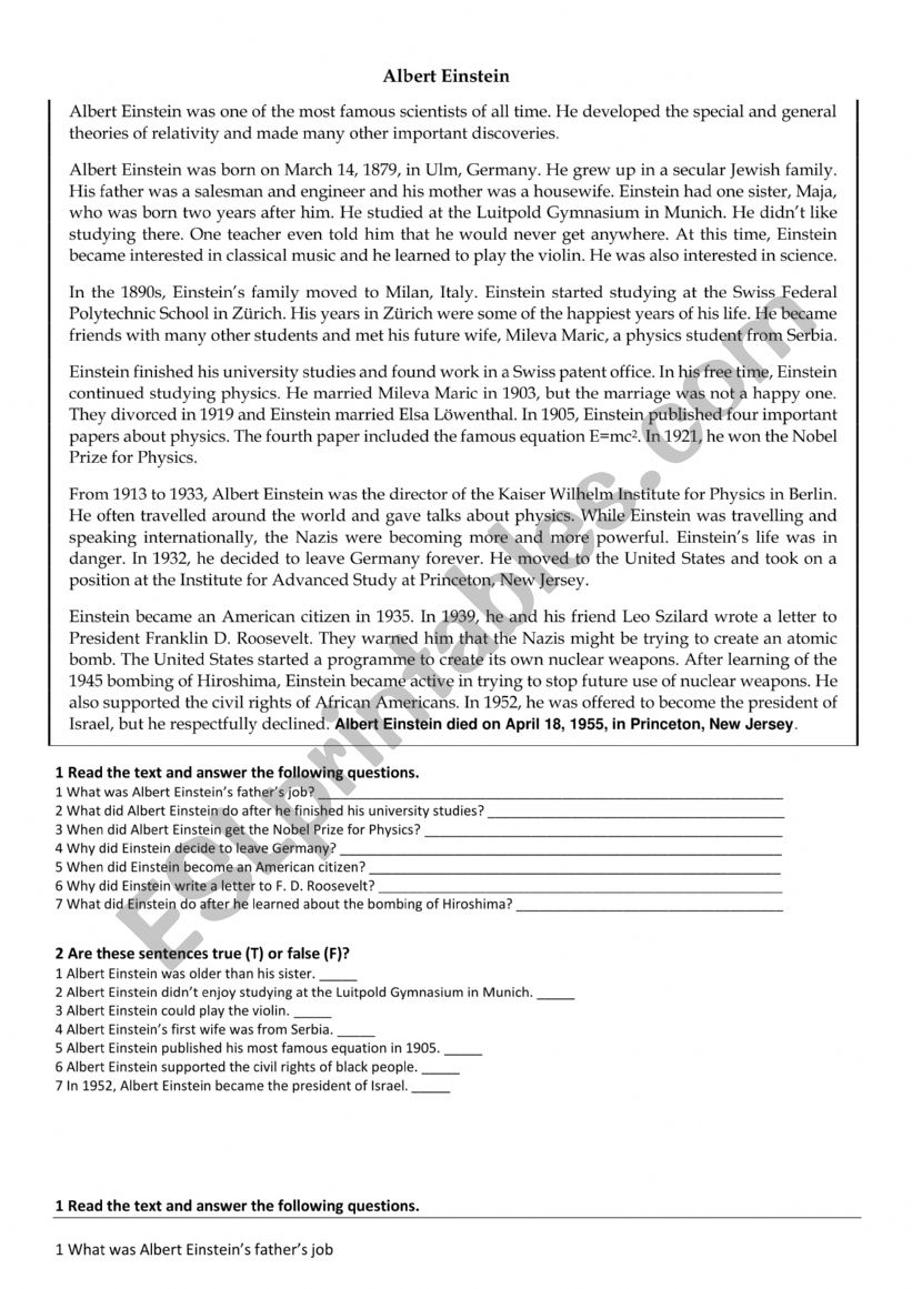 Biography Albert Eistain worksheet