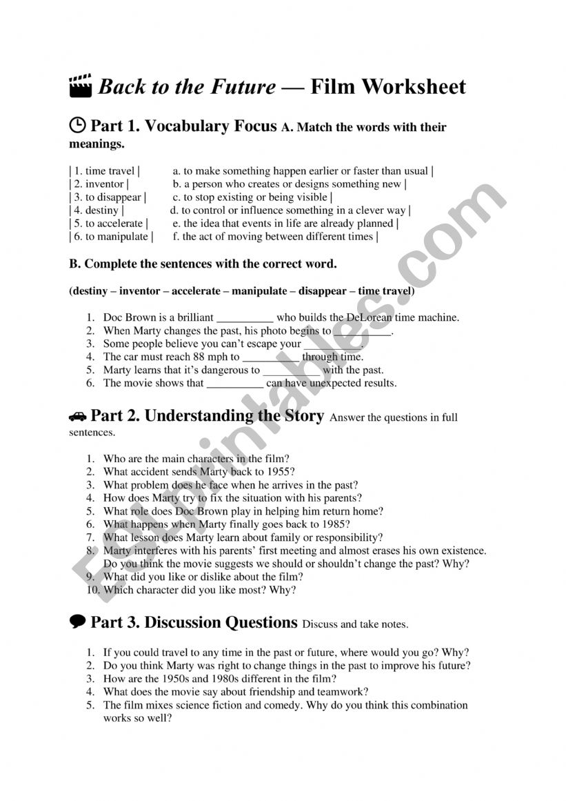 Back to the Future Movie worksheet
