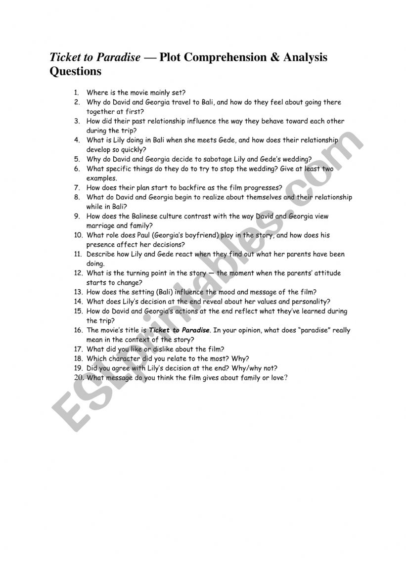 Ticket to paradise Movie Worksheet