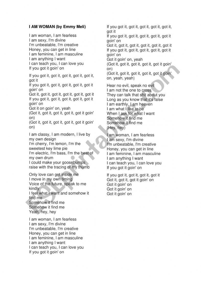 I am woman worksheet