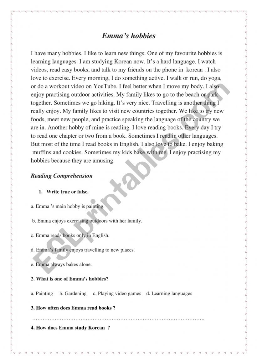 reading comprehension worksheet