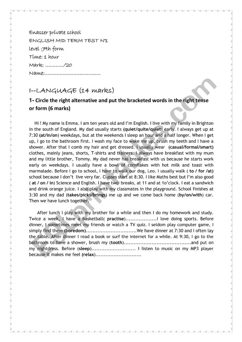 ENGLISH TEST MID TERM 1 7 TH FORM