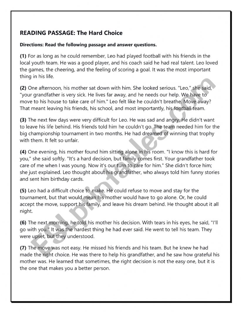 READING PASSAGES 12 grade worksheet