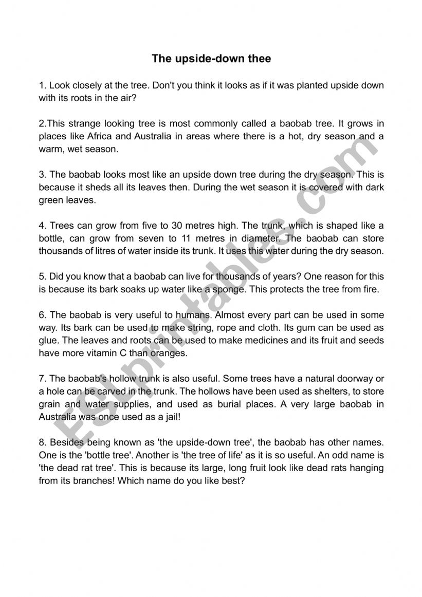 Upsidedown tree reading comprehension with grammar activities