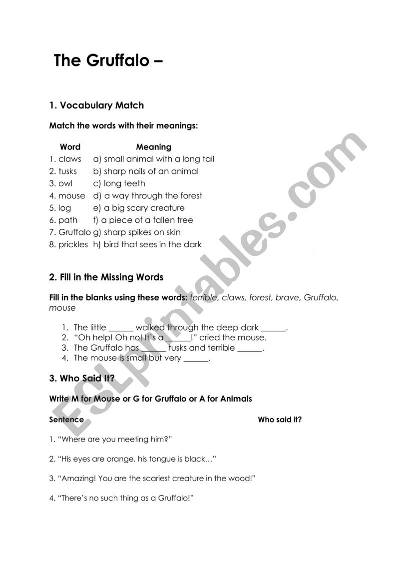 Gruffalo - activities worksheet