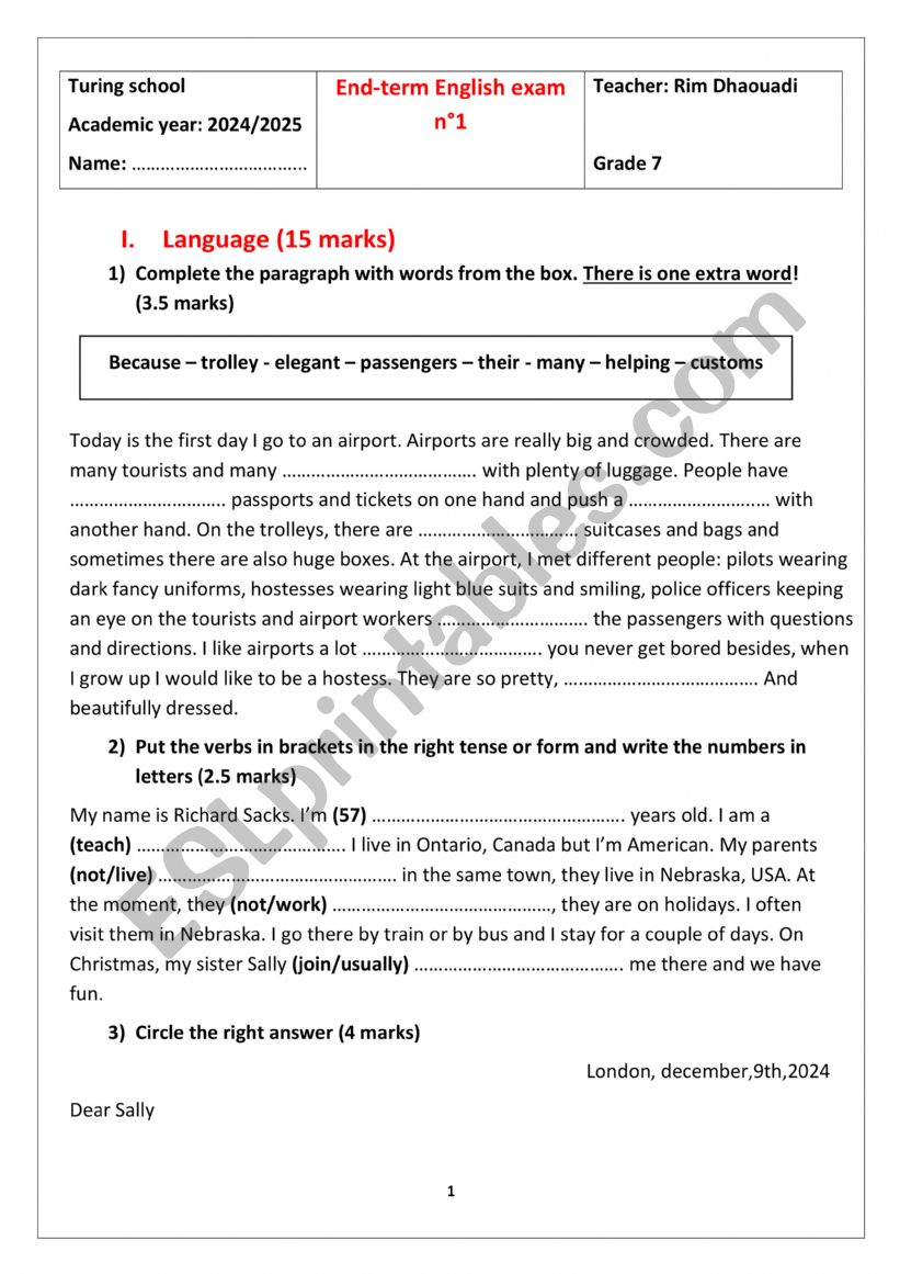 7th form end term test 1  worksheet