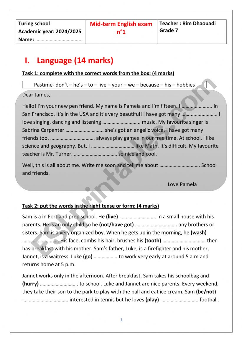 7th form mid term test 1 worksheet