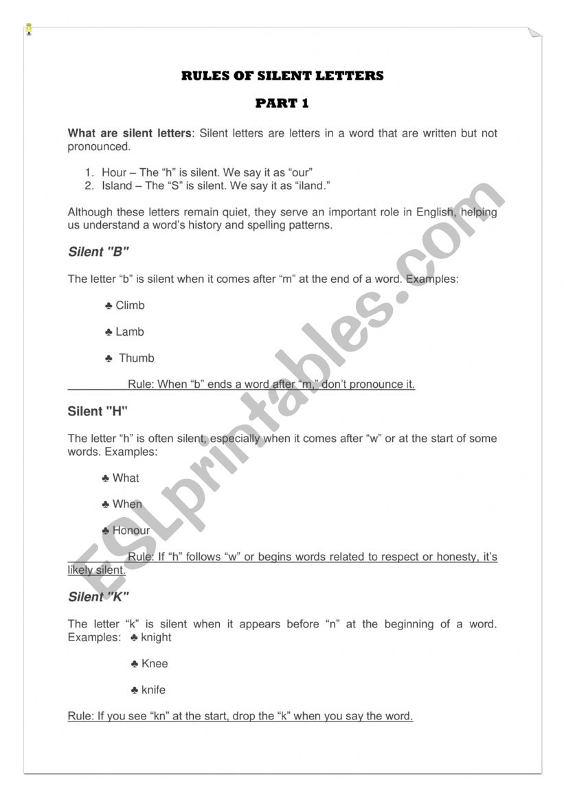 RULES OF SILENT LETTERS worksheet