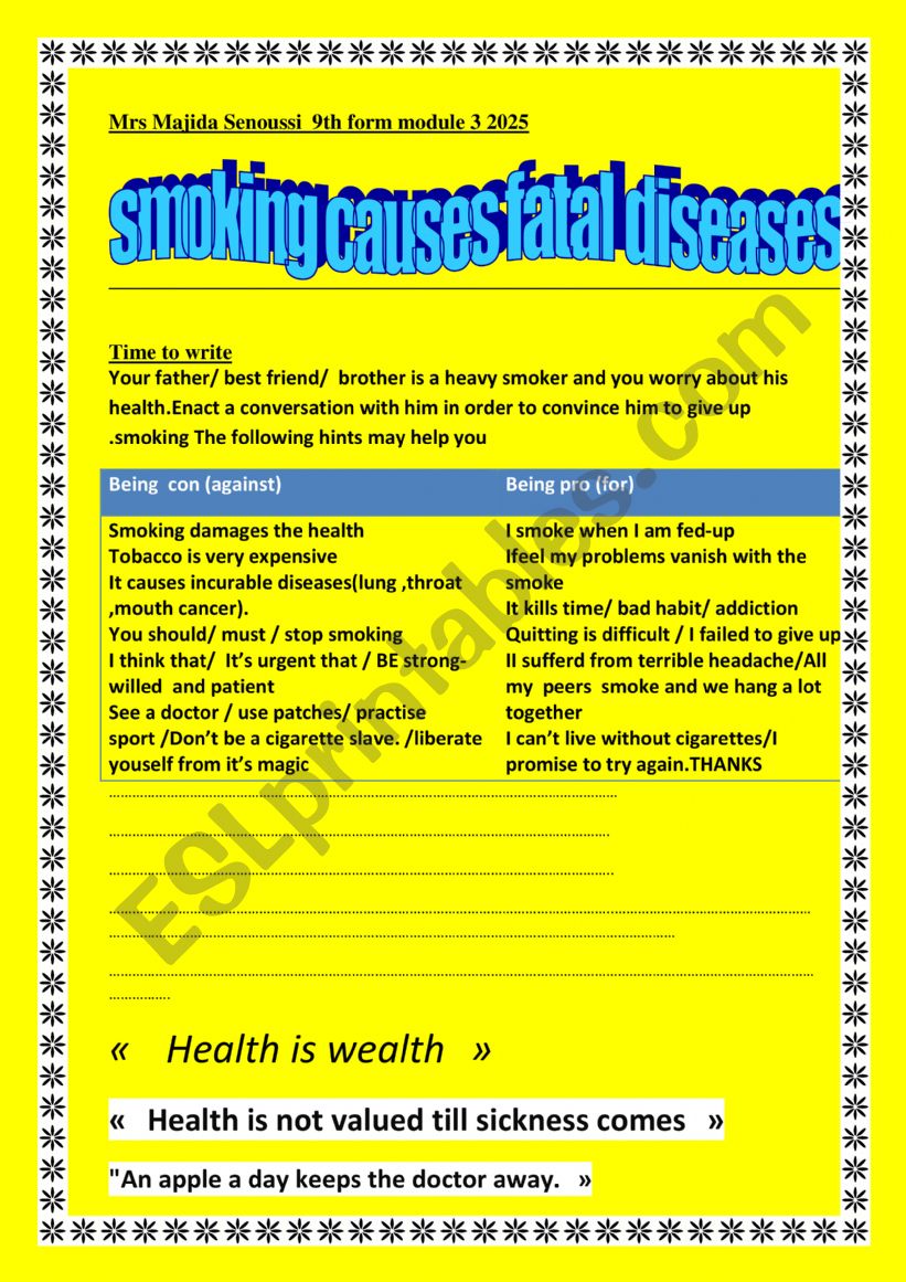  Writing  : Smoking  worksheet