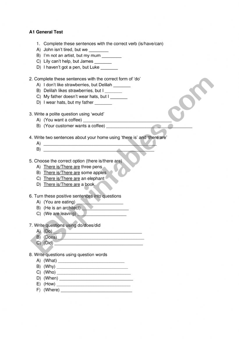 A1 General Progress Test worksheet