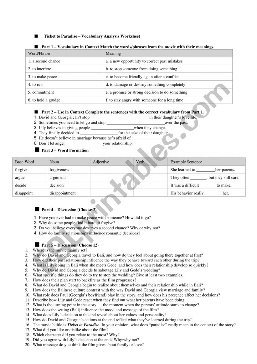 Ticket to paradise worksheet