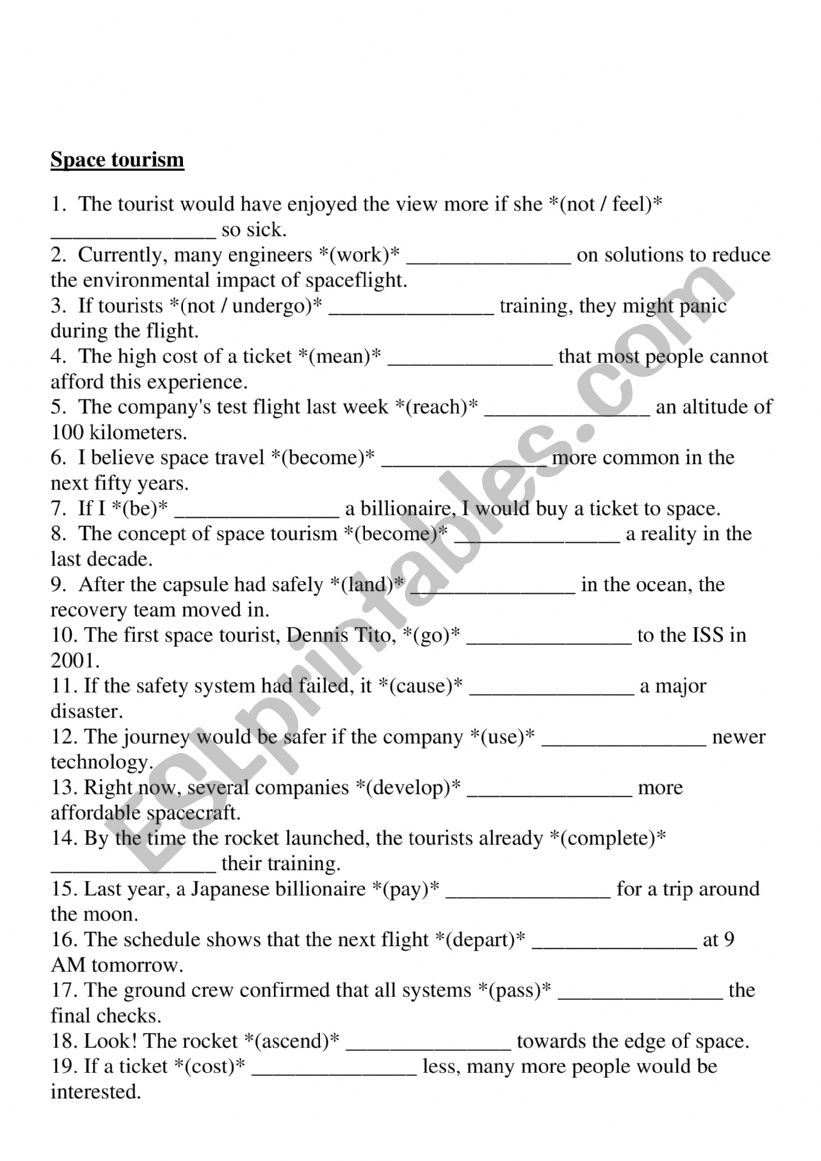 Space tourism  worksheet