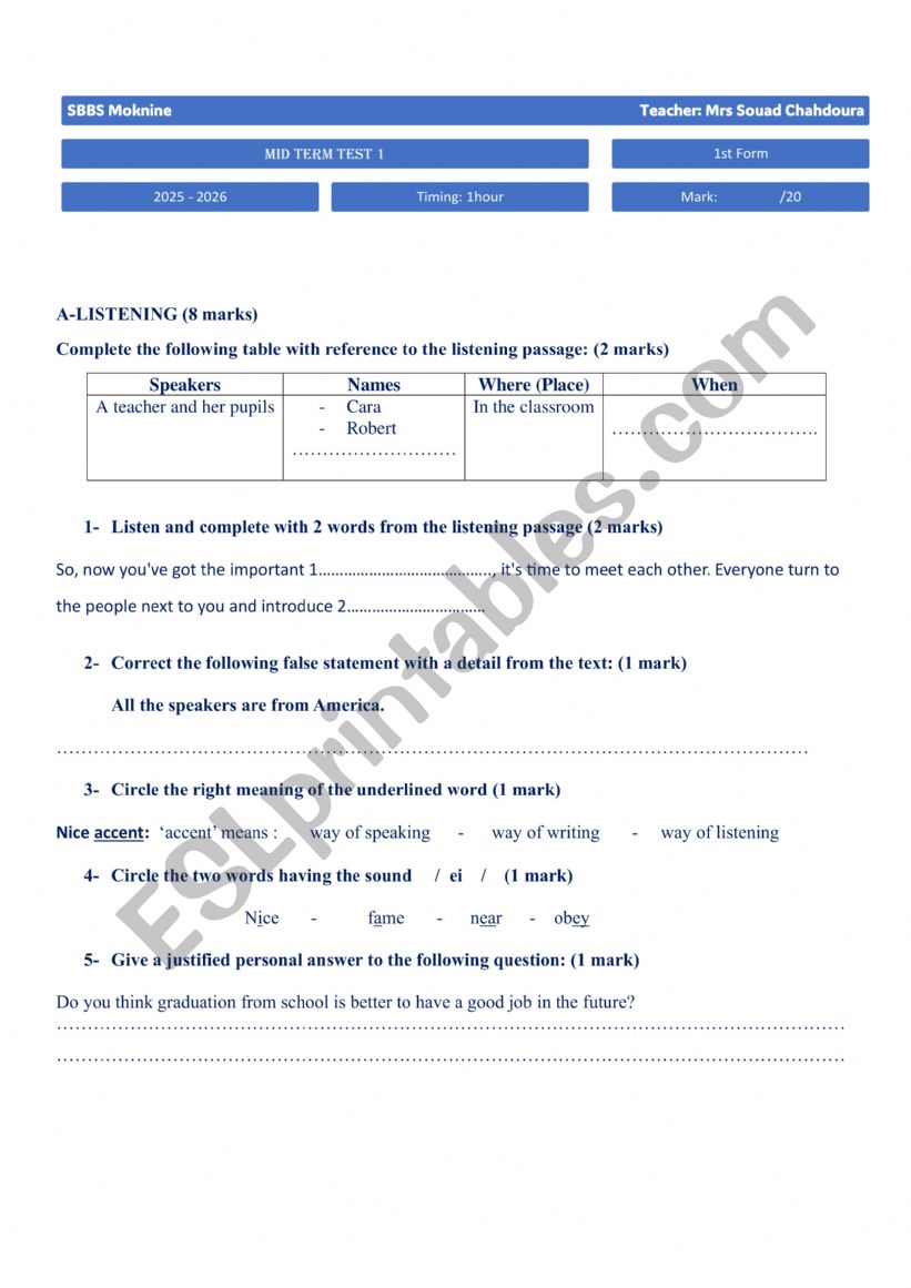 MID TERM 1 TEST 1st FORM Tunisian Education 