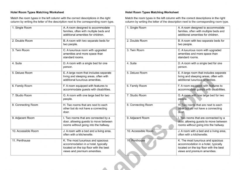 Hotel Room types worksheet