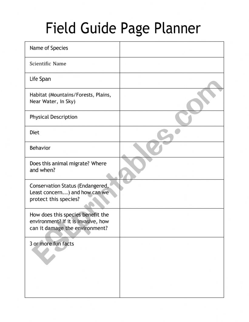 Field Guide Graphic Organizer worksheet