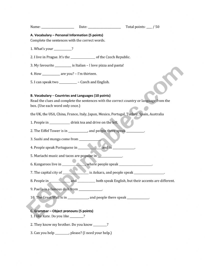 Countries/languages; Object Pronouns; Have got; Likes/dislike