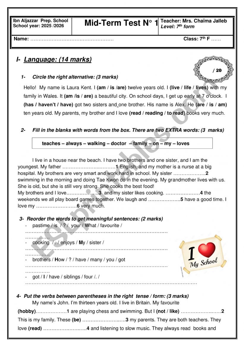 Mid term Test No 01 7th form worksheet