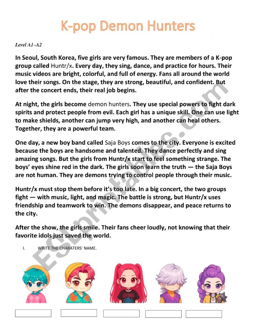 READING  kPOP DEMOM HUNTER worksheet