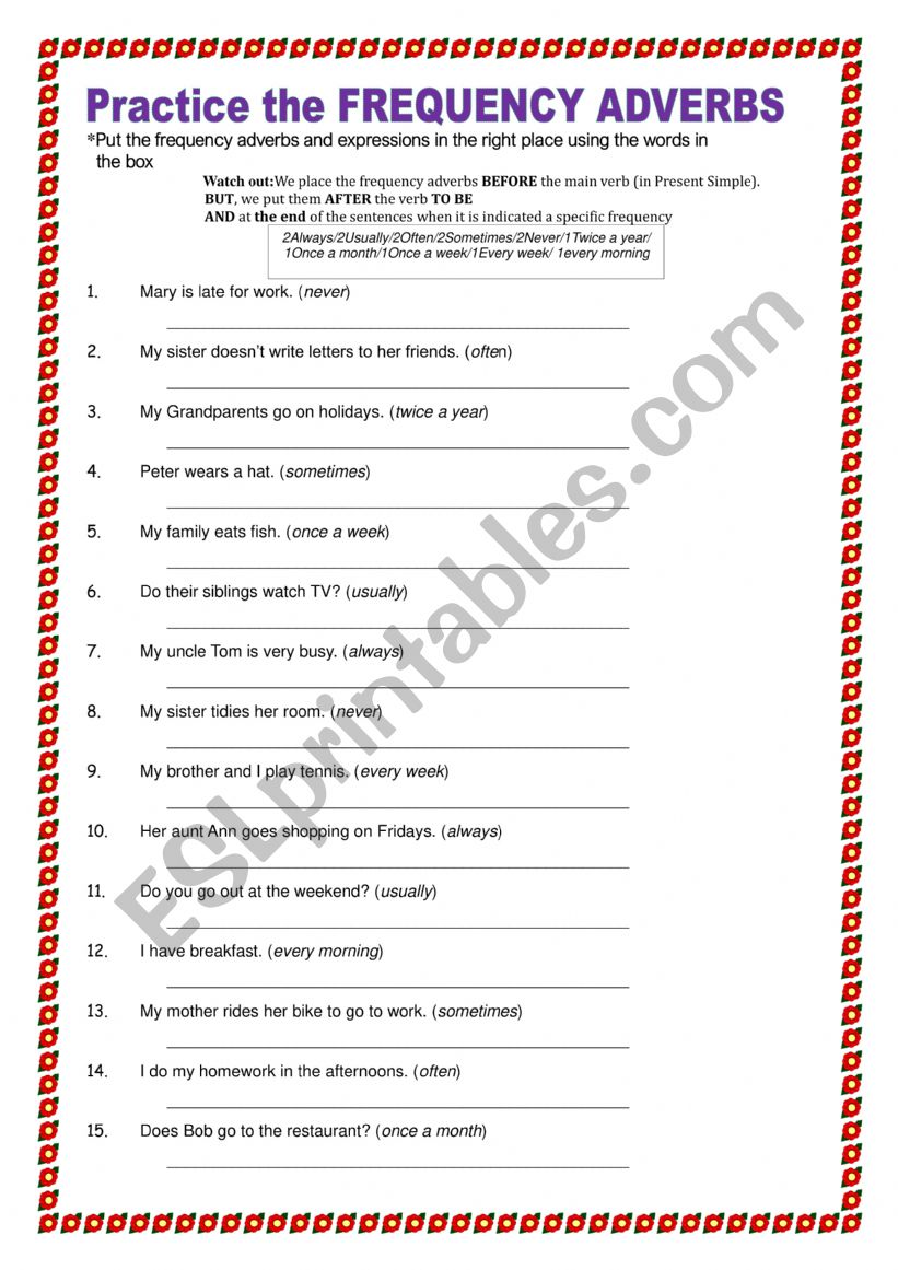 Frequency adverbs worksheet