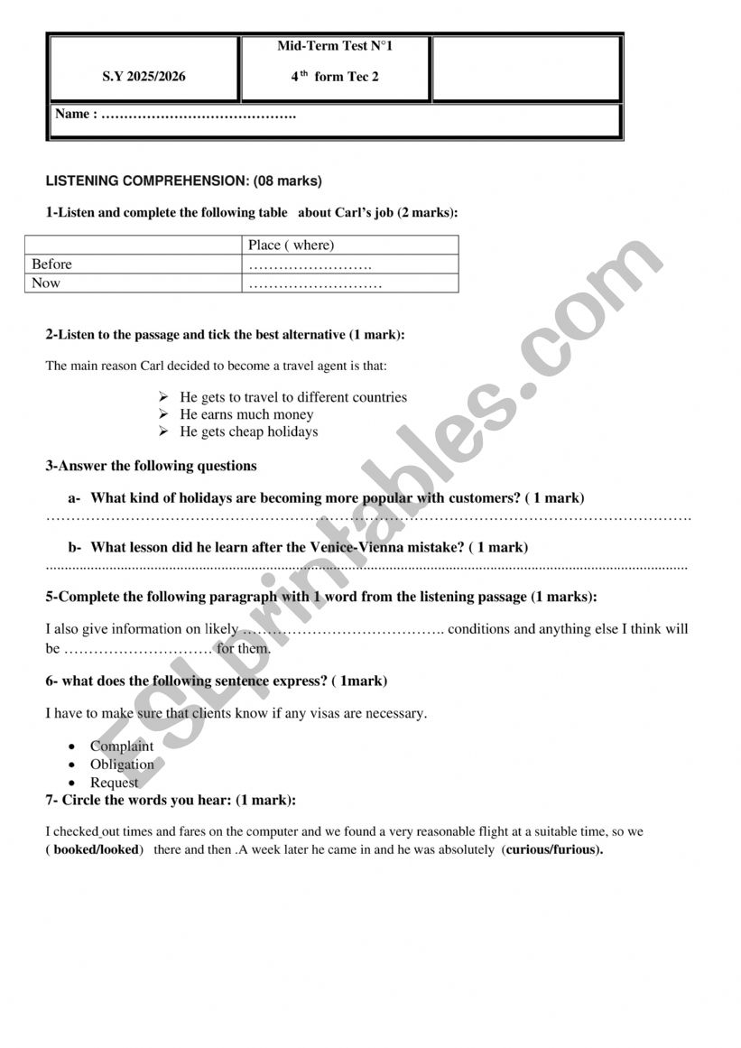 mid term tes1 4th form tec worksheet