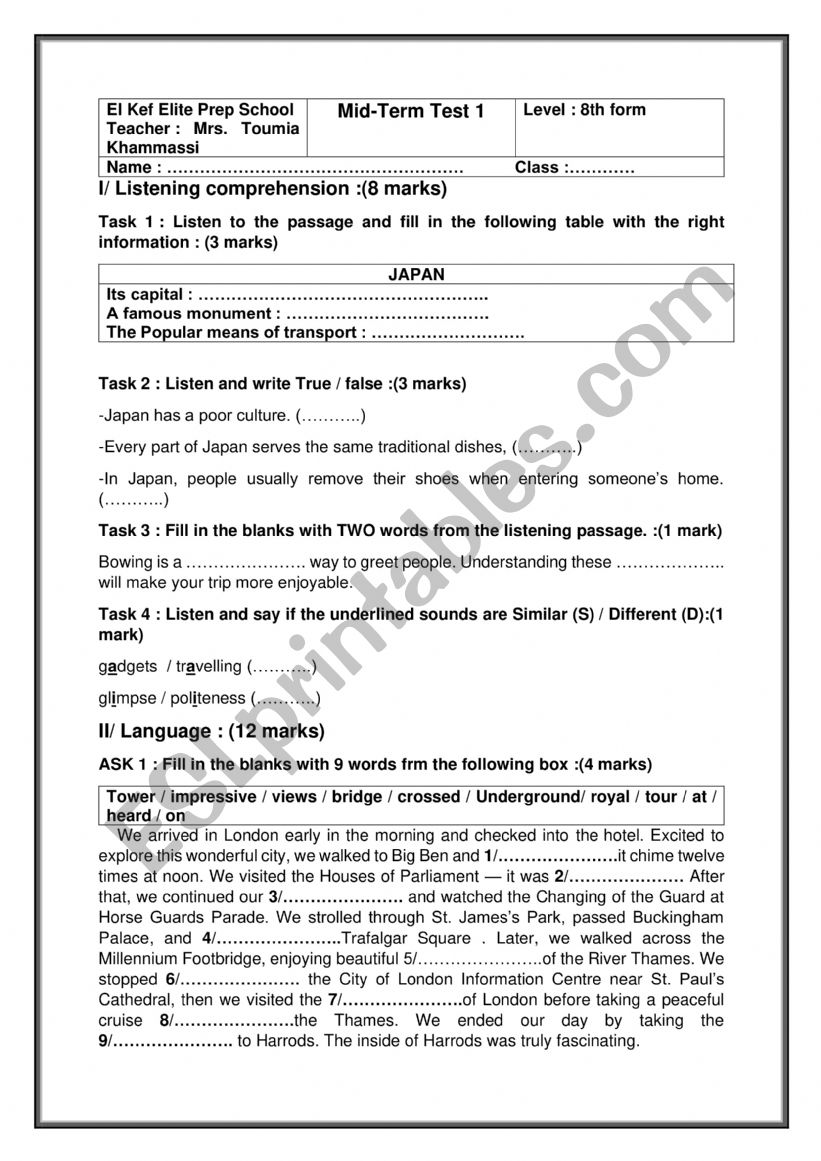 mid-term test 1 8th form worksheet