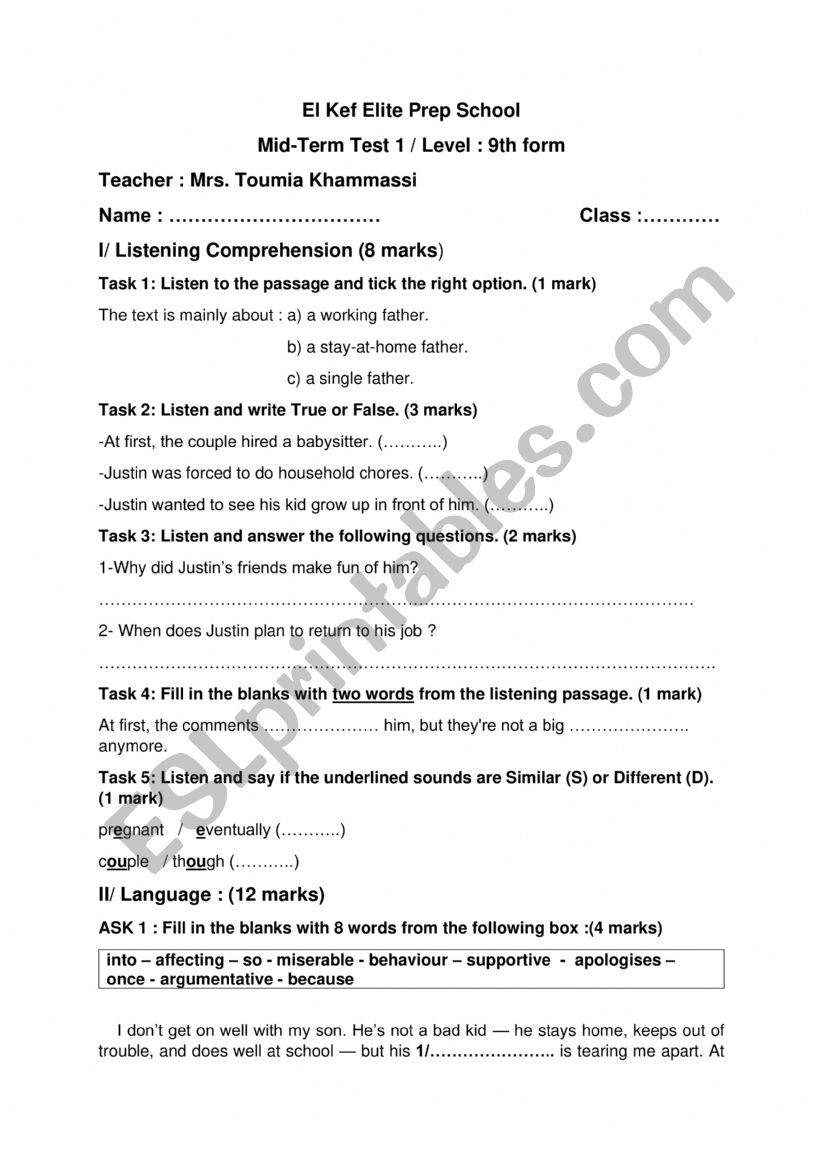 mid-term test 1 9th form worksheet