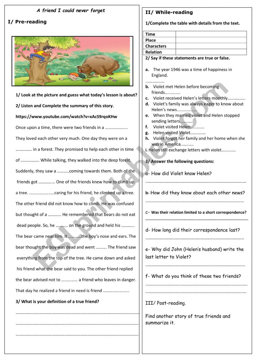 A friend I could never forget worksheet