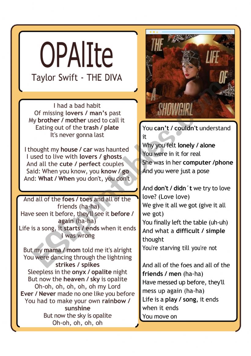 Opalite - Taylor Swift worksheet