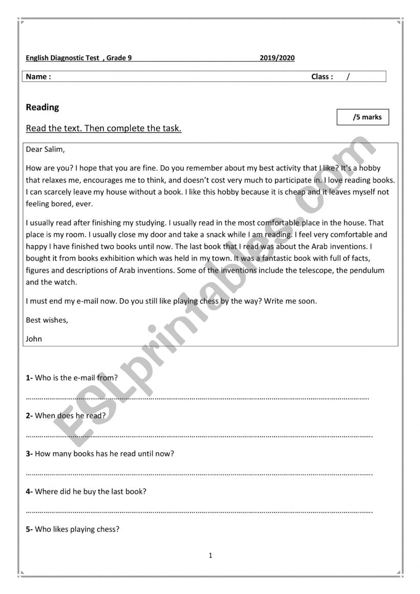 Diagnostic Test worksheet