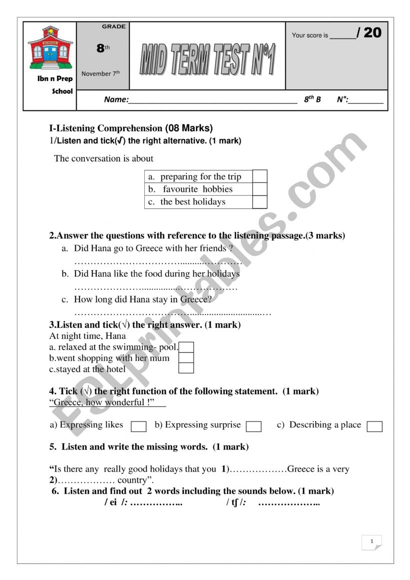 MID TEST 1 FOR 8TH PUPILS worksheet