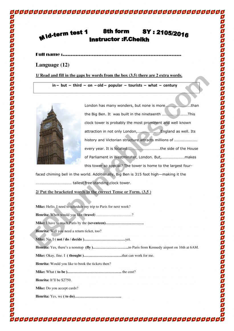 Mid term test1 1 8th form  worksheet