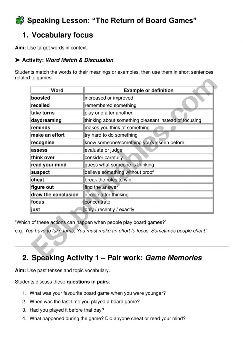 Speaking about games worksheet
