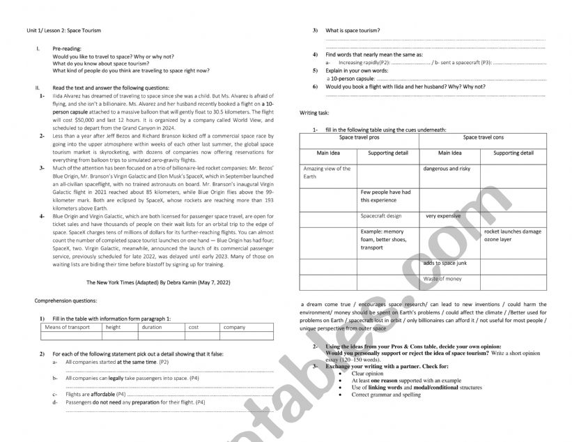 space tourism worksheet
