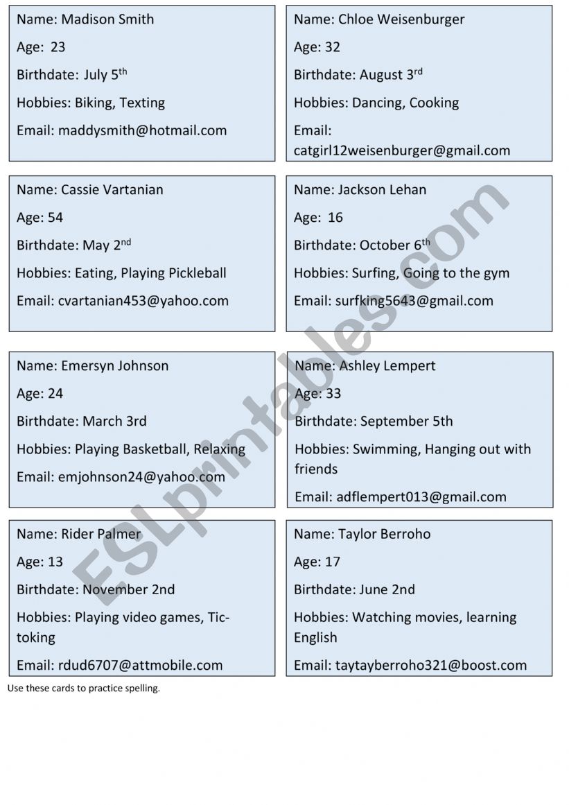 Character Cards Practice Spelling